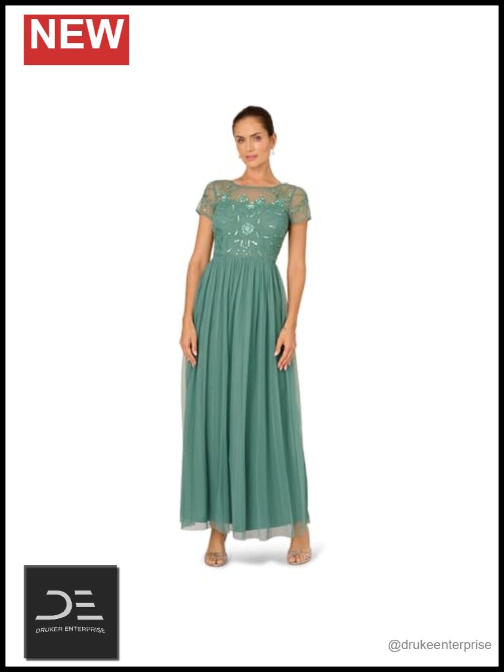Adrianna Papell Beaded Mesh Shirred Formal Dress